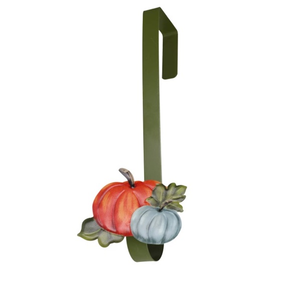 NWT- Fall Farmhouse- Green Metal w/ Orange & Blue Pumpkins Wreath Hanger - Picture 5 of 15
